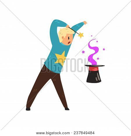 Magician Showing Focus With Cylinder Hat. Man Using Magic Wand For Performing Trick. Cartoon Male Ch
