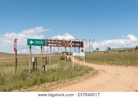 Oliviershoek Pass, South Africa - March 14, 2018: Directional Information Signs At The Turn-off To T