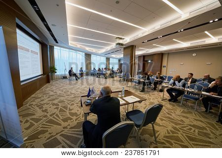 MOSCOW, RUSSIA - OCT 19, 2017: Participants in auditorium during Compliance Case Forum 2017 in Hilton Garden hotel. The forum organizer was the company Business Summit of Future.