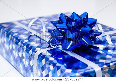 Bright Blue Gift Box With Silber Ribbon Bow