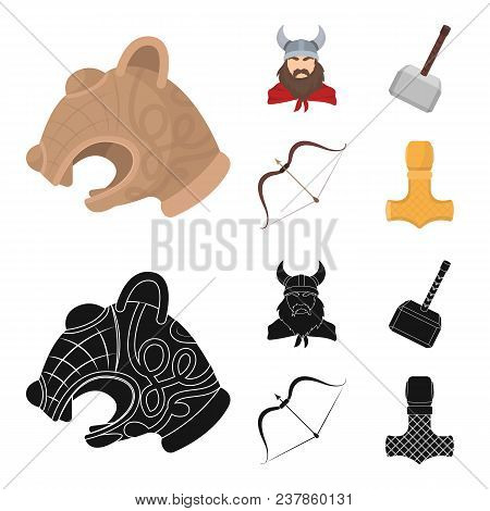 Viking In Helmet With Horns, Mace, Bow With Arrow, Treasure. Vikings Set Collection Icons In Cartoon