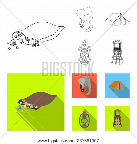 A Bag Of Diamonds, An Elephant Head, A Kerosene Lamp, A Tent. African Safari Set Collection Icons In