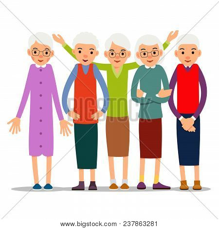 Older Woman. Old Woman Character In Various Poses. Woman In A Dress, Blouse And Skirt. Set Cartoon I