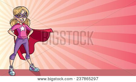 Illustration Of A Super Heroine Girl Smiling Happy While Wearing A Red Cape Against Ray Light Backgr