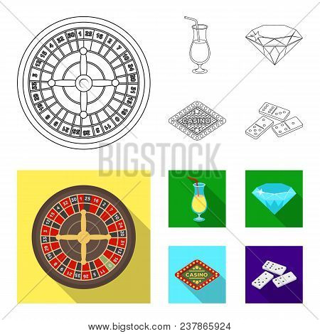 Roulette, A Glass With A Drink, A Diamond, A Sign With The Inscription Casino And Gambling Set Colle