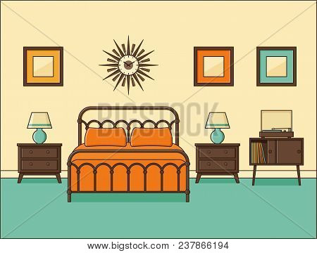 Bedroom Interior. Hotel Room In Retro Design With Bed. Vector. Home Flat Space In Line Art. Linear I