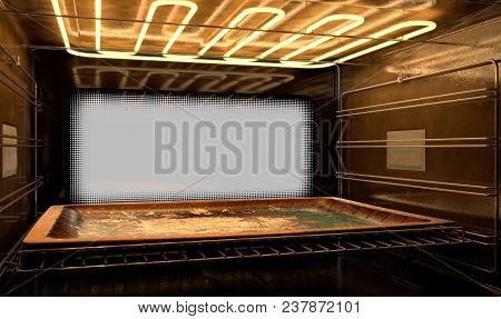 A View From Inside A Hot Operational Household Oven Towards A Closed Door With An Empty Tanished Bak