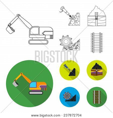 Excavator, Tunnel, Elevator, Coal Harvester And Other Equipment.mine Set Collection Icons In Outline