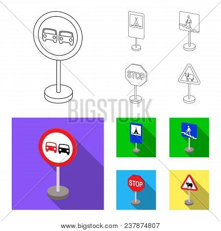 Different Types Of Road Signs Outline, Flat Icons In Set Collection For Design. Warning And Prohibit