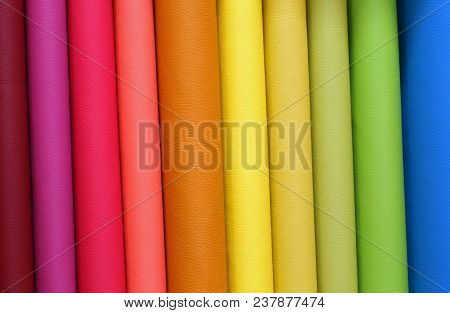 Colored Background Of Many Pieces Of Tanned Leather For Sale In The Tannery Specializing In Industri