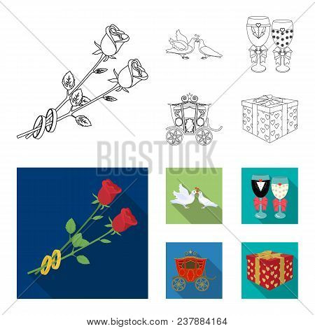 Wedding And Attributes Cartoon , Flat, Outline, Black Icons In Set Collection For Design.newlyweds A