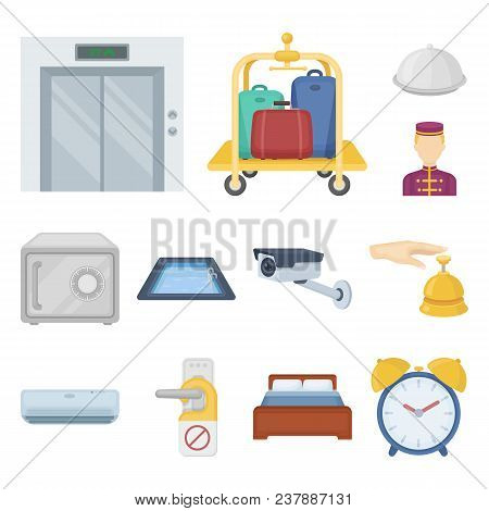 Hotel And Equipment Cartoon Icons In Set Collection For Design. Hotel And Comfort Vector Symbol Stoc