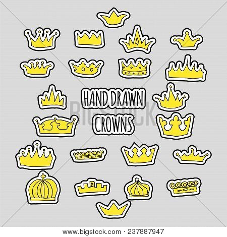 Hand Drawn Golden Crown Patch Set. Stock Vector Illustration Of Royal Symbol For Trendy Patches, Fas