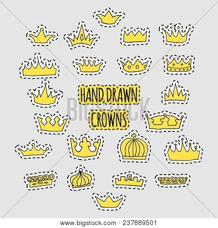 Hand Drawn Golden Crown Patch Set. Stock Vector Illustration Of Royal Symbol For Trendy Patches, Fas