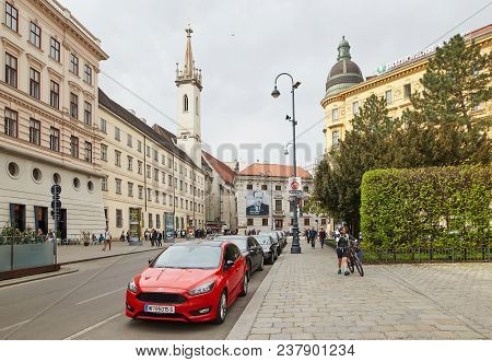 Vienna, Austria - 15 April 2018: Cars Parked On The Streets Of The City.