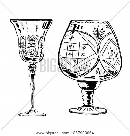 Vector Hand Drawn Ink Set Of Two Wineglasses On White Background