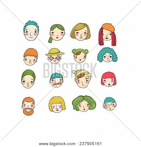 Different Faces. Hand Drawing Isolated Objects On White Background. Vector Illustration.