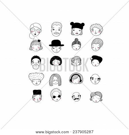 Different Faces. Hand Drawing Isolated Objects On White Background. Vector Illustration.