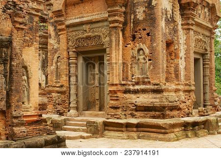 Siem Reap, Cambodia - August 10, 2008: View To The Stone Carving At The Walls Of The Ruins Of The Pr