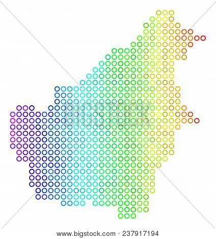 Colored Spectrum Borneo Island Map. Vector Geographic Map In Bright Rainbow Color Shades With Horizo