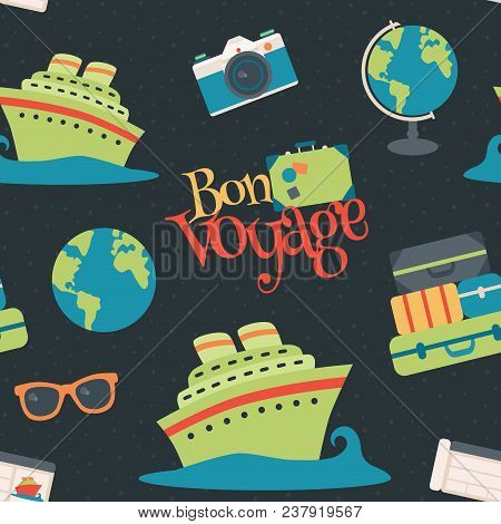 Vector Bon Voyage Cruise Travel Navy Seamless Pattern Background. Surface Pattern Design Perfect For