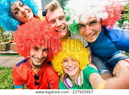 Football Supporter Fans Friends Taking Selfie After Soccer Cup Match Hanging Around Together - Young
