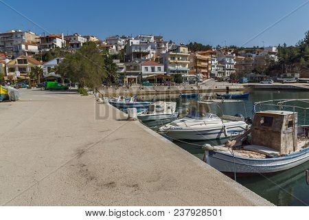 Thassos, Greece - April 5, 2016: Panoramic View To The Port Of Limenaria, Thassos Island, East Maced