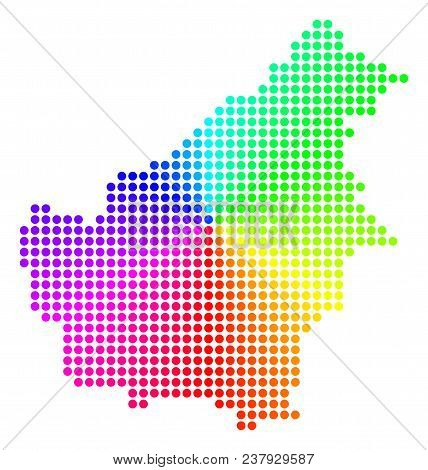 Spectrum Dot Borneo Island Map. Vector Geographic Map In Bright Rainbow Colors With Circular Gradien