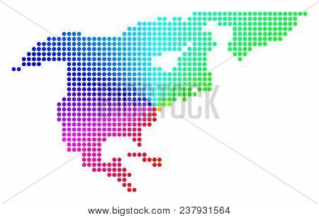 Rainbow Dot North America Map. Vector Geographic Map In Bright Rainbow Colors With Circular Gradient