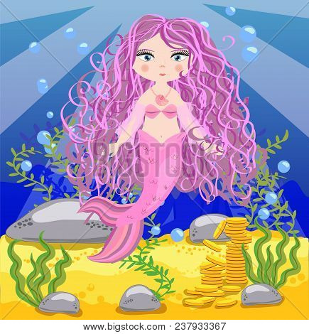 Vector Background With An Underwater World In A Children's Style. A Mermaid Is Sitting On A Rock. Wo