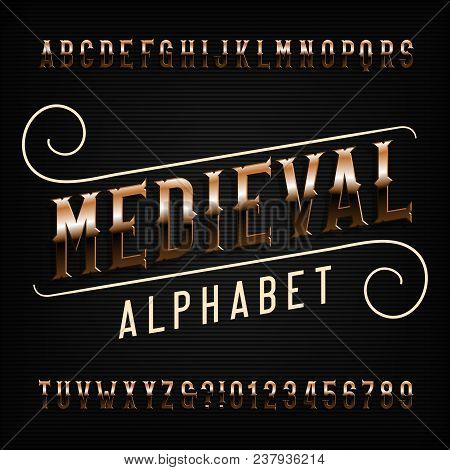 Medieval Alphabet Font. Golden Vintage Ornate Letters. Vector Fancy Typography For Your Design.