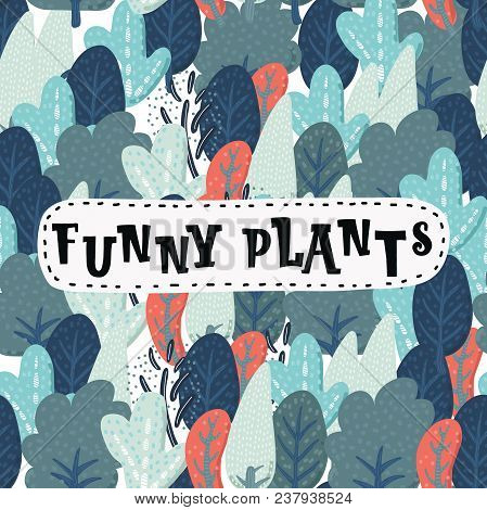 Vector Cartoon Illustraion Of Green Summer Tropical Background With Hand Drawn Plants In Vintage Col
