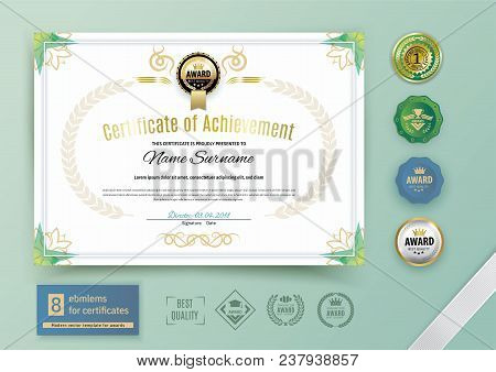 Official White Certificate With Green Triangle Design Elements. Business Clean Modern Design. White 