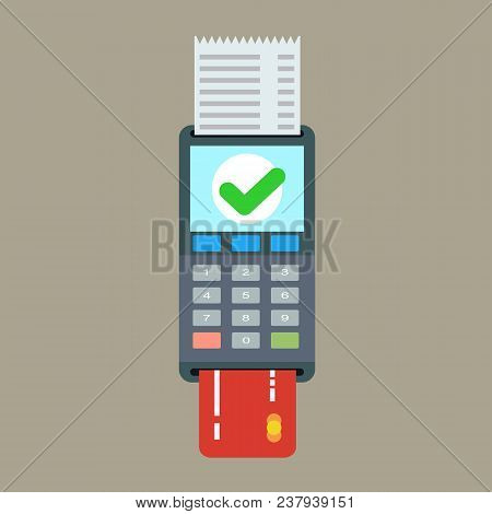 Pos Terminal And Receipt Vector Icon. Credit Card Processing Illustration In Flat Style.