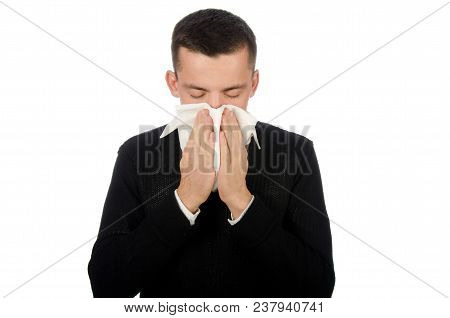 Young Handsome Guy Falls Ill. Cold And Runny Nose. Headache And Poor Health