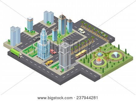 Vector 3d Isometric Megapolis, City. Collection Of Skyscrapers, Buildings And Parking Places With Gr