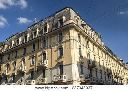 Milan, Lombardy, Italy: Facade Of Old Colorful Residential Buildings Along Via Piero Della Francesca