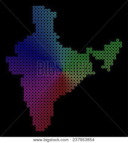 Spectral Dotted India Map. Vector Geographic Map In Bright Spectrum Colors With Circular Gradient On