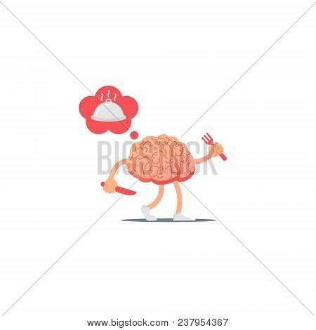 Cartoon Vector Brain With A Knife And Fork Thinks About Food