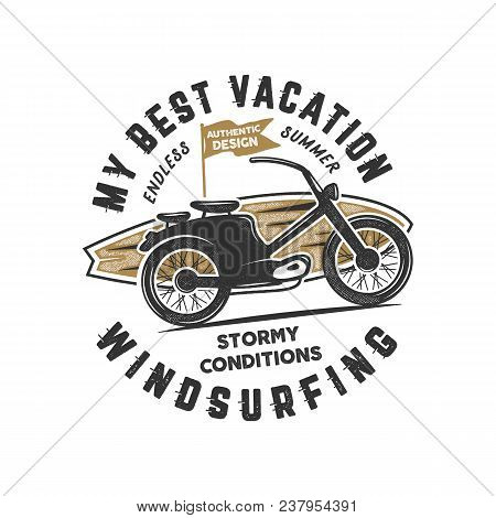 Vintage Hand Drawn Windsurfing, Surfing Tee Graphic Design. Summer Travel T Shirt, Poster Concept Wi