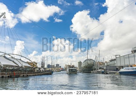 Genoa, Italy - March 9, 2018: Ships In The Port Of Genoa, Italy. Port Of Genoa Is The Major Italian 