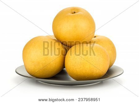 Chinese Golden Pears On A Grey Plate Nashi Variety Isolated On White Background