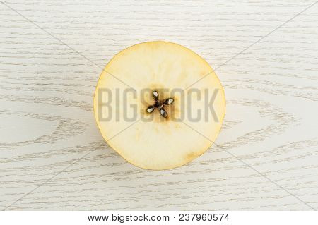 Chinese Golden Pear One Section Half Nashi Variety Top View Isolated White Wooden Background