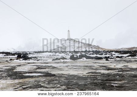 The Landmark Reykjanes Lighthouse Shrouded In The Mist