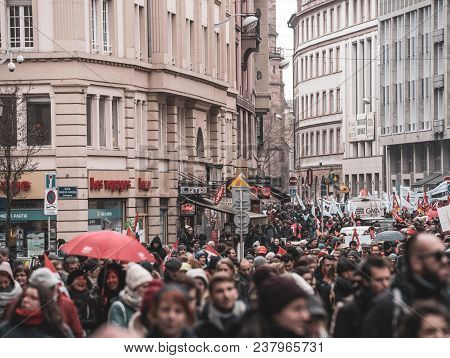 Strasbourg, France  - Mar 22, 2018: Demonstration Protest Against Macron French Government String Of