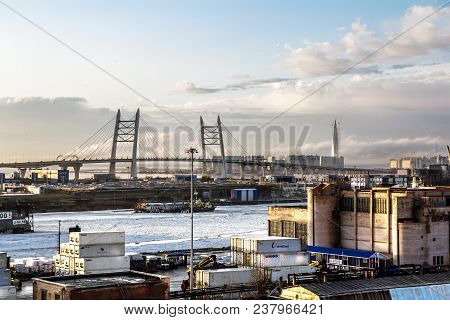 Saint-petersburg.russia.6 April 2018. View Of The Cable-stayed Bridge Of The Western High-speed Diam