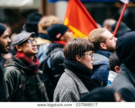 Strasbourg, France  - Mar 22, 2018: French Woman At Demonstration Protest Against Macron French Gove
