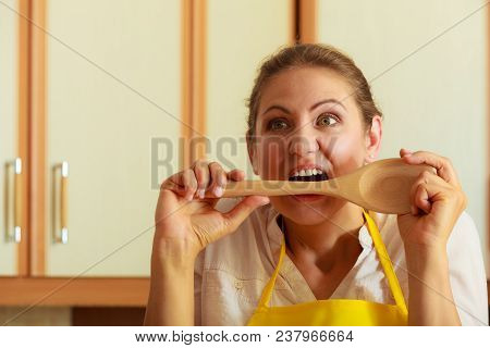 Cooking And Preparing Food Meal Concept. Thoughtful Wondering And Confused Woman Chef Cook Housewife