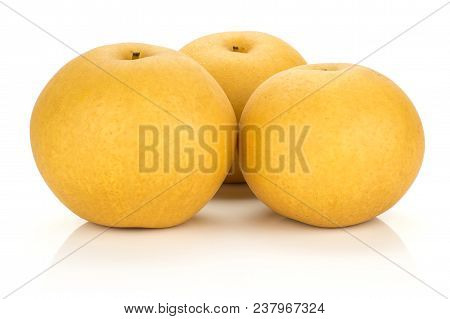 Chinese Golden Pears Nashi Variety Isolated On White Background Three Whole Round