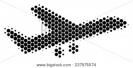 Halftone Circle Aiplane Icon. Pictogram On A White Background. Vector Collage Of Aiplane Icon Compos
